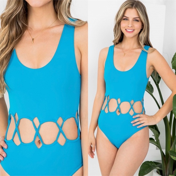 NEW ARRIVAL SWIMWEAR ONE PIECE BLUE KEYHOLE MID BEACH SWIMSUIT - Picture 4 of 8